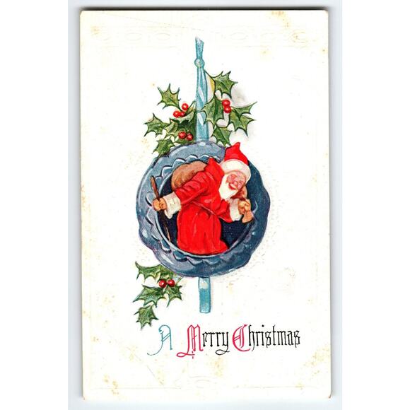 Vintage Santa Claus Christmas Postcard with Embossed Design & Holly - Picture 1 of 2
